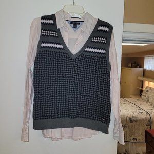 Tommy Hilfiger Collared Pink Stripe Shirt & Pink Gray Sweater Vest Set